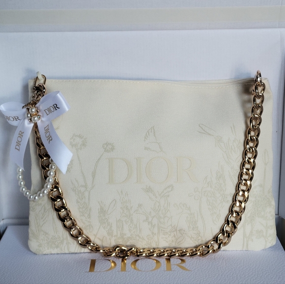 Dior White and Gold Makeup Pouch with Chain and Bow - Picture 4 of 6